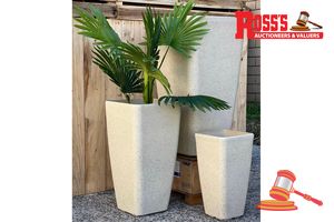 99 · Matching set of 2 Grey Artisan Planters - Sizes: 22 x 22 x 42 cm, 30 x 30 x 57 cm, RRP $125 Create a stylish designer display from the 2005 Eva Pot range, featuring a tall square tapered planter with a smooth finish, this range brings a clean, contemporary look to homes, patios, courtyards, entryways and landscaped spaces. Constructed from stone-resin composite: 50% stone, 45% high-density resin and 5% fibreglass, it combines practical lightweight handling with a premium look. It is designed for