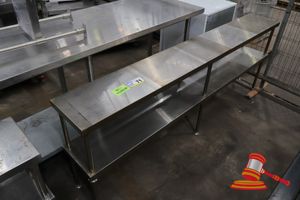 STAINLESS STEEL BENCH, SOME MARKS, APPROX; 2.1M W X 300MM D X 780MM H