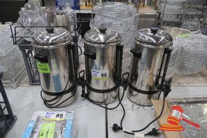 86 · 3 X BIRKO STAINLESS STEEL URNS WITH LIDS. MODEL M1060091