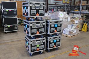 5 X CHAINMASTER CHAIN HOIST MOBILE ROAD CASE (BLACK) WITH CUSTOM INTERNAL PARTITIONING. USED FOR CHAIN BLOCK/HOIST STORAGE. LAMINATED PLYWOOD CONSTRUCTION. CASE DIMENSIONS 600 X 600 X H580MM. (22/25/30/31/33)