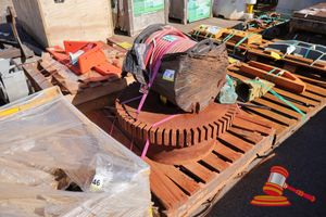 Assorted Industrial Items, Includes: 1 X Large Spool Red Hose, 1 X Steel Gear Segment With Teeth, Various Steel Plates With Mounting Holes (Used) On A Pallet ( B6026223 ) (Po-, Plant# 1003 )