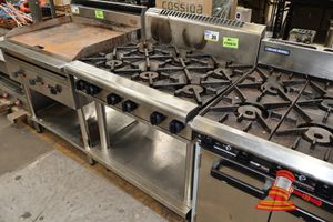 26 · 1 X WALDORF 6 BURNER GAS COOKTOP WITH STAND, COMMERCIAL, APPROX; 880MM W X 730MM D X 1.2M H, UNTESTED (SOME MARKS)