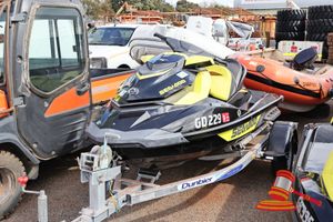 Sea Doo GTR Jet Ski, Year Unknown Black/Yellow, 4-Tec Reg #: GD229, Expiry: 08/2027 ODO: 58 hrs Showing on Clock HIN: CA-YDV27235L516 Features: Fabric Cover, Off Shore Flares, Fire Extinguisher, Small Anchor, Safety Alert Beacon Condition: **Chipped Front Paint, Scratches Around Jet Ski, Hole in Fabric Seat.** Panel: FAIR, Paint: FAIR, Upholstery: FAIR, Overall Condition: FAIR 2020 Dunbier 3.7WTOY Jet Ski Trailer Grey, Single Axle Reg #: 1TVX410, Expiry: 04/01/2027 VIN: 6FJDDD333L2A19246 Conditi