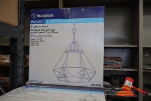 WESTINGHOUSE LIGHT PENDANT, BRUSHED NICKEL FINISH WITH FROSTED OPAL GLASS, HEIGHT: 19.37", DIAMETER: 15.91", CHAIN: 36", WIRE: 36", CODE: 632435