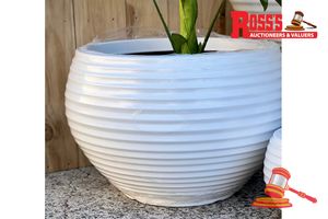 106 · Matching set of 3 Snow White Planters - Size: 29 x 19 cm, 41 x 26 cm, 54 x 35 cm, RRP $295 Create a stylish designer display from the RippleLite Bowl range, featuring a wide low bowl planter with a ribbed coastal finish, this range brings a clean, contemporary look to homes, patios, courtyards, entryways and landscaped spaces. Constructed from super-lightweight stone-resin blend, it combines practical lightweight handling with a premium look. It is designed for indoor and outdoor use, UV resista