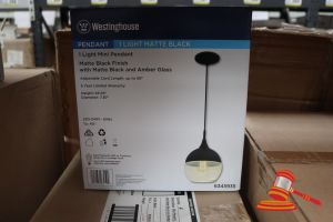 Westinghouse Mini Pendant Light, Matte Black Finish With Matte Black Amber Glass, Adjustable Cord Length Up To 50", Height: 65.55", Diameter: 7.87", Code: 6345935