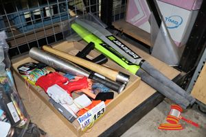 TRAY OF TOYS, INCLUDING NERF GUNS AND NERF BULLETS, BASEBALL BAT AND CRICKET BATS.