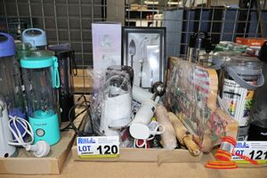 120 · 1 X TRAY OF ASSORTED KITCHENWARE, INCLUDES: ROLLING PINS, CAKE KNIFE SET, WATER BOTTLE , DRINK DISPENSER (BOXED), COFFEE GRINDERS, VARIOUS OTHERS