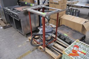 47 · 1 X SHOP-VAC SUPER WET & DRY VACUUM CLEANER, STAINLESS STEEL, WITH HOSE AND WAND, UNTESTED, 1 X JACKEROO FLAT TOP GRIDDLE, 4 BURNER, GAS, WITH STAND, 1 X LARGE DOLLY, 1 X METAL STAND, 1 X PNEUMATIC PRESS (WORKING CONDITION UNKNOWN)