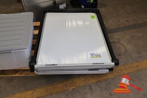 173 · 3 X WHITE BOARDS WITH A BLACK ADJUSTABLE METAL STAND, APPROX; 780MM W X 950MM L, SOME MARKS