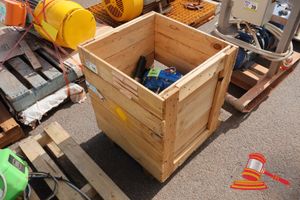 38 · 1 X WOODEN CRATE CONTAINING INDUSTRIAL VALVE, BLUE, MULTI-BOLT FLANGE TYPE, INCLUDES TAG, WITH MISC CARDBOARD PACKING MATERIAL (USED)