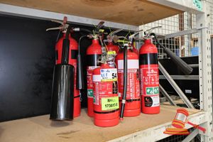 54 · 7 X FIRE EXTINGUISHER, VARIOUS TYPES, INCLUDES: CARBON DIOXIDE, POWDER TYPE, STORED PRESSURE . 2026 MAINTENANCE TAGS ATTACHED