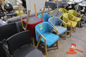 29 · 5 X UPHOLSTERED ARM CHAIR, WOODEN FRAME, MIXED COLOURS, MODEL E94090-4-1, 1 X RED, 1 X PALE BLUE, 3 X BRIGHT BLUE (USED)