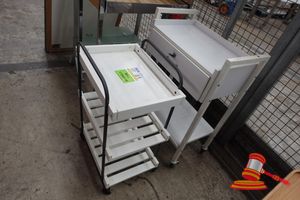 1 X MOBILE SALON TROLLEYS, WHITE METAL, MULTI-TIER WITH SLATTED SHELVES, ON CASTERS, APPROX; 480MM D X 360MM W X 770MM H, 1 X WHITE MOBILE STORAGE CABINET WITH KEY, APPROX; 610MM W X 370MM D X 910MM H, SOME MARKS
