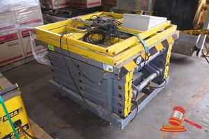 60 · INDUSTRIAL SCISSOR LIFT WITH GUARDRAILS AND GATES. YELLOW/GREY. 2 X PRE SET HEIGHTS STOPS @ 1300MM AND 3200MM. BASE HEIGHT 600MM ABOVE GROUND. APPROX PLATFORM DIMENSIONS 1.3M X 1.3M. 220V SINGLE PHASE. INCLUDES CONTROL PANEL WITH EMERGENCY STOP BUTTON. (SOME MARKS / UNTESTED)