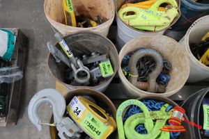 35 · 1 X BUCKET WITH LARGE SHACKLE, BLUE CHAIN, 1 X BUCKET WITH GREY LIFTING BRACKET WITH MULTIPLE ATTACHMENT POINTS