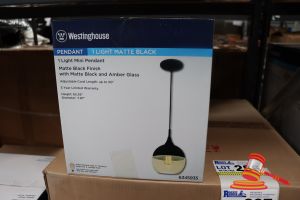 287 · WESTINGHOUSE MINI PENDANT LIGHT, MATTE BLACK FINISH WITH MATTE BLACK AND AMBER GLASS, ADJUSTABLE CORD LENGTH UP TO 50", HEIGHT: 65.55", DIAMETER: 7.87", CODE: 6345935