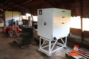 Metal Storage Cabinet. White. Ex Service Cart. 2 Sided, 4 Doors. Approx 1200 X 920 X 750mm. On Separate 700mm Stand. 1 X Door Lock Requires Attention