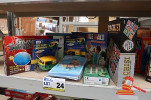 Bundle Of Toys Including: 1x Pachisi Game, 1x Fire Ball Throw & Catch, 1x Game Super, 1x 3-In-1 Brine Power Kit, 1x Pool Cover, 2x Centy Car, Beach Balls, All Unopened