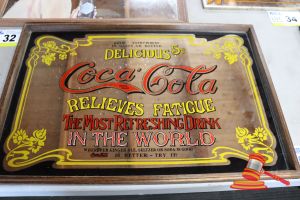 33 · 1 X COCA COLA VINTAGE ADVERTISING MIRROR SIGN, FRAMED, DELICIOUS 5 CENTS RELIEVES FATIGUE (SOME MARKS)