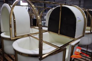 6 X Upholstered Tub Style Stools, White Leather-Look With Gold Metal Frames, On Pallets, General Wear And Tear, Some Marks On Vinyl