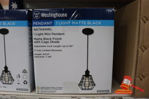 Westinghouse Mini Pendant Light, Matte Black Finish With Cage Shade, Adjustable Cord Length Up To 50", Height: 60.51", Diamter: 7.48", Code: 6105335
