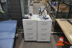 34 · 2 X MOBILE DRAWER UNIT, WHITE, 4 DRAWER , ON CASTORS, INCLUDES: MEDICAL SUPPLIES, BLOOD PRESSURE CUFFS, PULSE OXIMETERS, VARIOUS MEDICAL ACCESSORIES (SOME MARKS)
