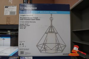 WESTINGHOUSE PENDANT LIGHT, BRUSHED NICKLE FINISH WITH FROSTED OPAL GLASS, HEIGHT: 19.37", DIAMETER: 15.91", CHAIN: 36", WIRE: 36", CODE: 6324535