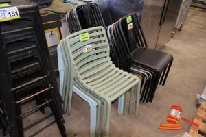 APPROX 7 X STACKABLE PLASTIC/ METAL CHAIR, LIGHT GREEN/GREY, BLACK/YELLOW COMMERCIAL GRADE (SOME MARKS,USED CONDITION)