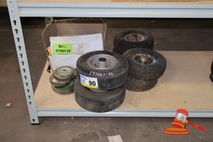 1 X Cardboard Box Of Assorted Casters And Wheels, Includes: Various Sizes And Types, Blue, Red, Orange, Black (Some Marks) 4 X Pneumatic Wheels With Metal Rims, Knobby Tread Pattern (Some Marks) 2 X Smooth Tread Wheels With Metal Rims (Some Marks)