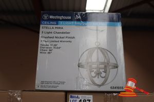 188 · WESTINGHOUSE STELLA MIRA CEILING 3 LIGHT CHANDELIER, BRUSHED NICKLE FINISH, HEIGHT: 17,28", DIAMETER: 15.04", CHAIN: 36", WIRE: 36", CODE: 6341935