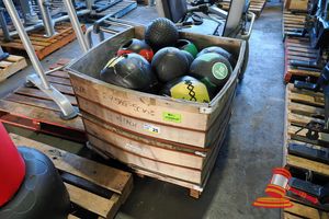 25 · APPROX 20 X MEDICINE BALLS, VARIOUS WEIGHTS AND BRANDS, INCLUDES: 10KG BUT NOT LIMITED TO 5KG, 7KG & 15KG , IN A WOODEN BOX(SOME MARKS)