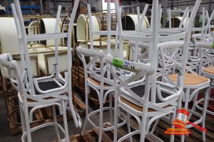6 X White & Rattan Crossback Stools On A Pallet, General Wear And Tear