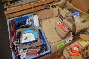 Assorted Building Hardware And Supplies, Includes: Lane Security Door Guard (Zinc Alloy, Brushed Satin Chrome), Lane Architectural Butt Hinges 100x75x2.5mm (Satin Chrome, Qty:2), Zenith Shelving Brackets 200x200mm (Matt Silver), Miti Tile Spacers, Various Bolts And Fasteners, Various Others (Boxed), On A Pallet