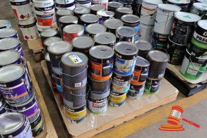 72 · PALLET OF VARIOUS PAINT CANS, DULUX BRAND, INCLUDES: CONCRETE SEALER, STEP PREP, WEATHERSHIELD, WASH & WEAR, VARIOUS PRIMERS AND PAINTS, DAMAGED AND LEAKING, ON A PALLET