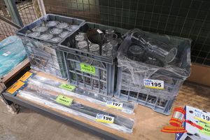 195 · 3 X CRATES OF ASSORTED GLASS AND STAINLESS STEEL WATER JUGS AND GLASSES