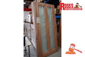 27 · TIMBER DOOR WITH 2x FROSTED GLASS PANELS, CODE: ED 47, 2040 x 870 x 38mm