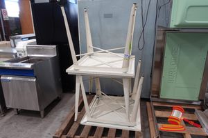 111 · 3X CREAM METAL CAFE STYLE TABLES, SOME MARKS AND SOME RUST ON LEGS, APPROXIMATE MEASUREMENTS OF THE TABLES: 755 MM HIGH X 80 MM WIDE X 80 MM LONG. ON PALLET.