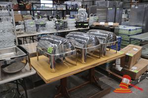 124 · 3 X ASUNNEX STAINLESS STEEL CHAFING DISHES, ROLL TOP, WITH GOLD COLOURED HANDLES, NO TRAYS