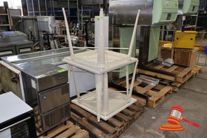 3X CREAM METAL CAFE STYLE TABLES, SOME MARKS AND SOME RUST ON LEGS, APPROXIMATE MEASUREMENTS OF THE TABLES: 755 MM HIGH X 80 MM WIDE X 80 MM LONG. ON PALLET.