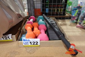 122 · TRAY OF DUMBBELLS, VARYING WEIGHTS 1 KG TO 2 KG PLUS WEIGHT BELT