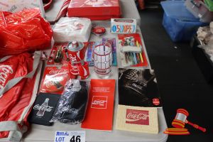 46 · BUNDLE OF COCA-COLA ITEMS INCLUDING: COASTERS, PENS, NAPKINS, GLASS, WALLET, SPONGE, PENCILS ETC