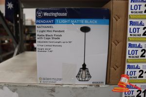 224 · WESTINGHOUSE MINI PENDANT LIGHT, MATTE BLACK FINISH WITH CAGE SHADE, ADJUSTABLE CORD UP TO 50:, HEIGHT: 60.51", DIAMETER: 7.48", CODE: 6105335
