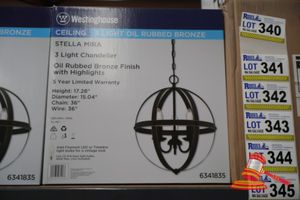 343 · WESTINGHOUSE 3 LIGHT CHANDELIER, OIL RUBBED BRONZE FINISH WITH HIGHLIGHTS, HEIGHT: 17.28", DIAMETER: 15.04", CHAIN: 36", WIRE: 36", CODE: 63418535