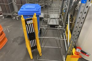 153 · 1 X BLUE WHEELIE BIN, PLASTIC EXPANDABLE BARRIER, 3 X STAINLESS STEEL LAUNDRY/BIN STANDS. HEIGHT 820MM