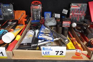 72 · TRAY OF ASSORTED TOOLS, INCLUDES: SCA 23PCE 1/4 DRIVE SOCKET SET, HEX KEY SET, SOCKET ADAPTORS, TUBE SEALANT, METRIC/SAE KEY CHAIN HEX KEY SET, VARIOUS SOCKETS AND EXTENSIONS
