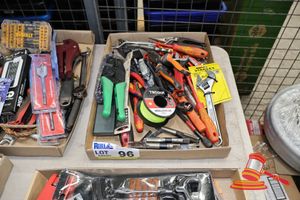 96 · TRAY OF ASSORTED TOOLS, INCLUDING ADJUSTABLE SPANNERS, WIRE STRIPPERS, BRICKIES LINE, SCREWDRIVERS, TAP AND DIE SETS ETC