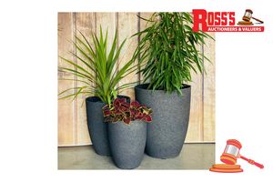 67 · Matching set of 2 Grey Artisan Planters - Sizes: 35 x 43 cm, 28 x 35 cm, RRP $110 Create a stylish designer display from the 2074 Adam Pot range, featuring a round tapered planter with a smooth finish, this range brings a clean, contemporary look to homes, patios, courtyards, entryways and landscaped spaces. Constructed from stone-resin composite: 50% stone, 45% high-density resin and 5% fibreglass, it combines practical lightweight handling with a premium look. It is designed for indoor and out
