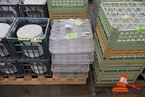 APPROX 80 X PINT GLASSES , CLEAR, WRAPPED, ON 4 X RACK TRAYS (POSS UNUSED)