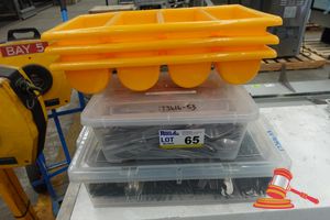 65 · 2 x TUBS OF APPROX 600 x ASSORTED STAINLESS STEEL CULTERY INC KNIVES, FORKS, SPOONS, AND 3 x YELLOW PLASTIC CULTERY HOLDERS